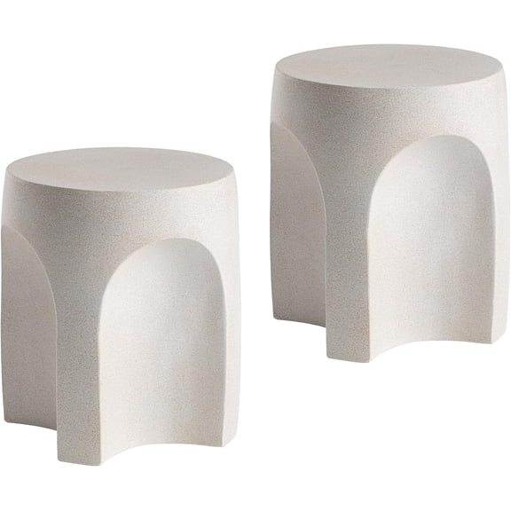Set of 2 Concrete Side Table Drum Shape, 2 Pieces Outdoor Side Table, Patio Accent Cement End Tables, Plant Stand Garden Decorative Stool, Spotted White