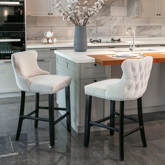 Set of 2 Contemporary Velvet Upholstered Wing-Back Barstools with Wooden Legs, Bar Chairs with Chrome Nailhead Trim and Button Tufted Decoration, Bar Stools for Kitchen Island Dining Room Pub, Beige