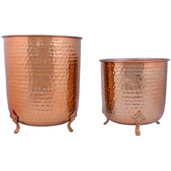 Set of 2 Copper Hammered Planter Pots with Raised Feet,12 & 9 Rustic Indoor/Outdoor Decorative Metal Plant Containers for Home, Patio & Garden$$Garden & Patio