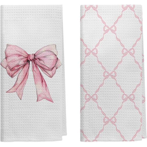 Set of 2 Coquette Pink Bow Kitchen Towels Preppy Pink Ribbon Pattern Hand Towels for Bathroom, Coquette Bathroom Decor, Bow Aesthetic Dish Tea Towels for Kitchen, 16x24 inches