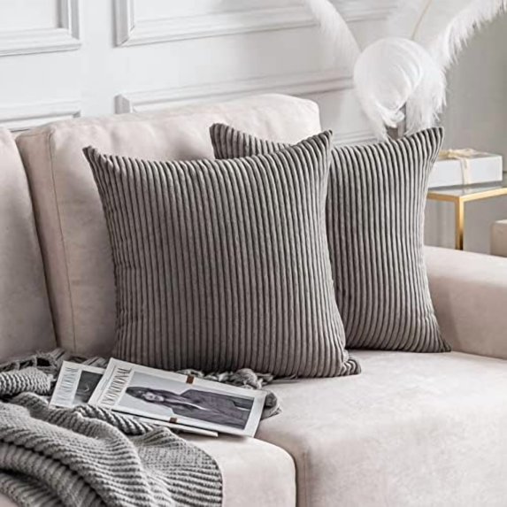 Set of 2 Corduroy Throw Pillow Covers Striped Velvet 16x16 Pillow Covers Square Throw Pillow Case for Couch Chair Baby Toddler, 16 x 16 inch, Ash Grey