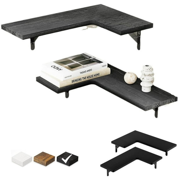 Set of 2 Corner Floating Shelves Wall-Mounted Rustic Wood Shelf for Storage & Decor for Livingroom Kitchen Bathroom Bedroom Laundry Room, 17 Inch Black