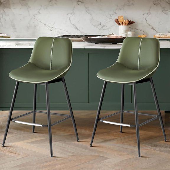 Set of 2, Counter Height with Back, Ergonomic Backrest, Synthetic Leather, Metal Legs, 24.8-Inch Tall Barstools for Kitchen Island Home Bar, Easy Assembly, Forest Green