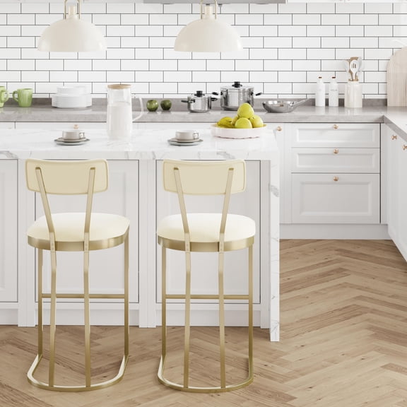 Set of 2 Counter Height Bar Stools, 26.4 in Upholstered Modern Bar Chairs - Curved Backrest - Armless Design - Gold Metal Frame - for Kitchen Island/Counter, Dining Room (2pcs per set)