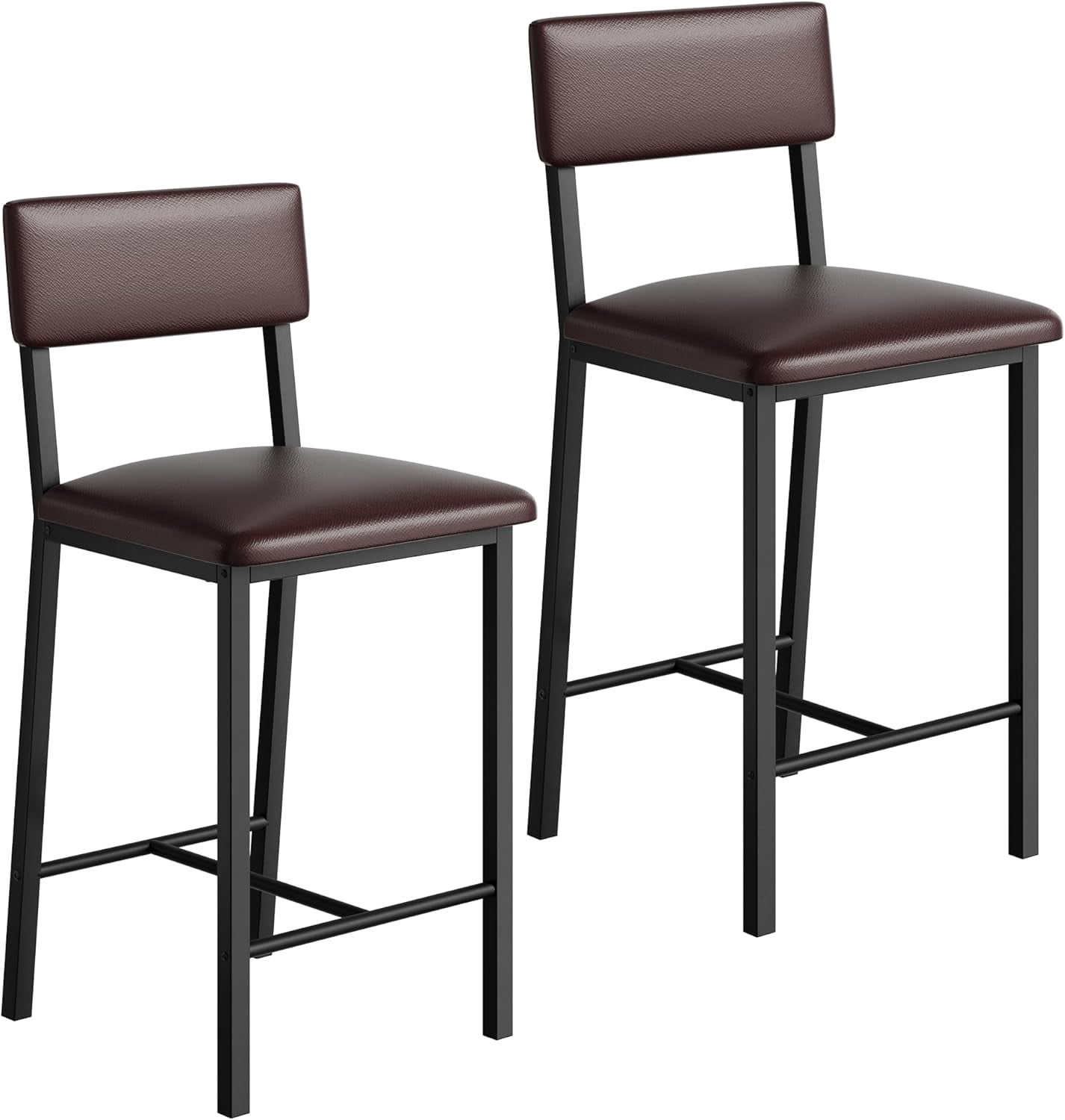 Set of 2 Counter Height Bar Stools - 400 lbs Heavy-Duty Metal Frame - Ergonomic PU Leather Upholstered Seat with Backrest & Footrest - Easy to Clean - Ideal for Kitchen Island, Home Bar, Dining