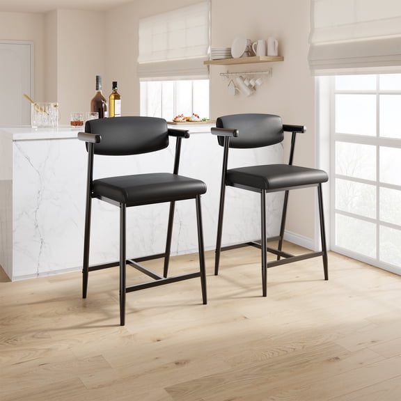 Set of 2 Counter Height Bar Stools with Armrest Footrest and Soft Back, Metal Frame Bar Stools with Wide Upholstered Seat for Kitchen Island Counter Bar, Black Leather