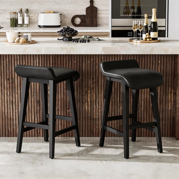 Set of 2 Counter Height Bar Stools, Low-Back Kitchen Bar Chairs with Footrest, Wooden Frame and PU Leather Upholstered Seats, Stylish Barstools for Kitchen Islands