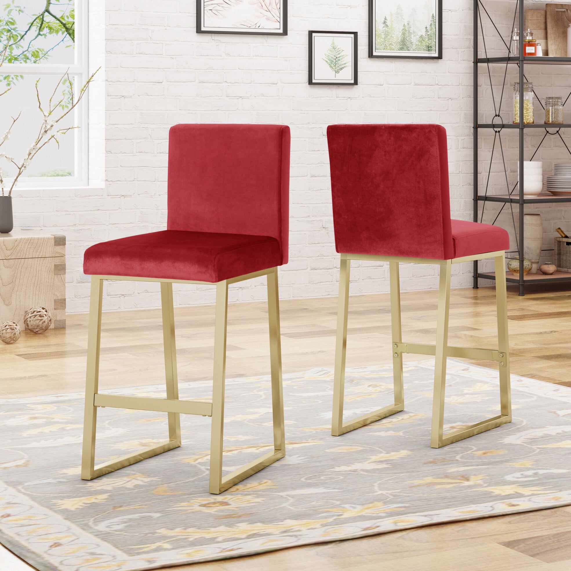 Set of 2 Counter Height Bar Stools, Modern Velvet Barstools with Iron ...