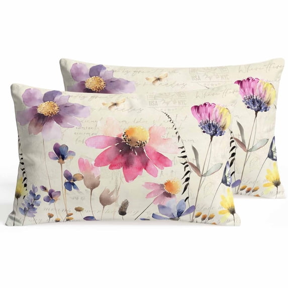 Set of 2 Country Wildflowers Pillow Covers 12x20 Inch, Watercolor Gradient Purple Pink Floral Newspaper Texture Decorative Throw Pillow Cases Cotton Cushion Covers for Sofa Couch Bed Home Decor