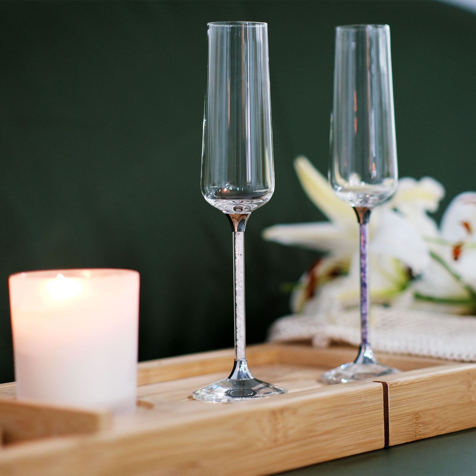 Set of 2 Crystal Champagne Flutes, Champagne Glasses Natural Gemstones ...