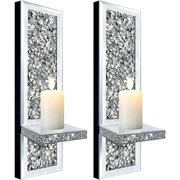 Set of 2 Crystal Crush Diamond Candle Sconces, Gorgeous Silver Mirrored Wall Sconce, Candle Holder Glass Wall Decorations for Home Décor, Living Room, Dining Room.