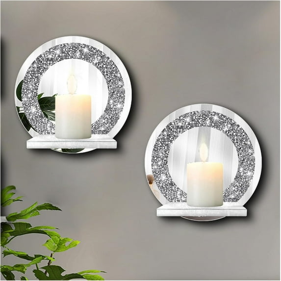 Set of 2 Crystal Crush Diamond Candle Sconces, Gorgeous Silver Mirrored Wall Sconce, Candle Holder Glass Wall Decorations for Home Décor, Living Room, Dining Room.Round
