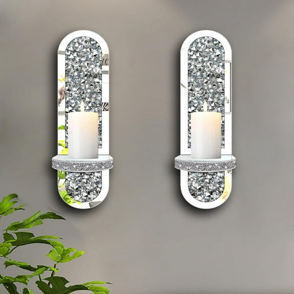 Set of 2 Crystal Crush Diamond Candle Sconces, Gorgeous Silver Mirrored Wall Sconce,Oval Candle Holder Glass Wall Decorations for Home Décor, Living Room, Dining Room.