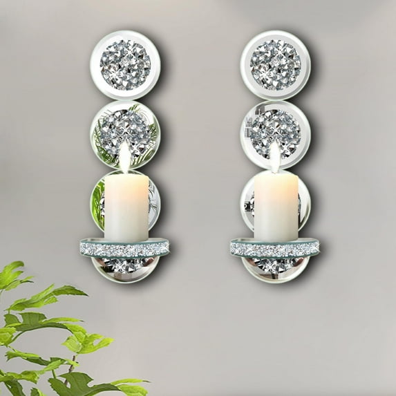 Set of 2 Crystal Crush Diamond Candle Sconces, Gorgeous Silver Mirrored Wall Sconce, Round Candle Holder Glass Wall Decorations for Home Décor, Living Room, Dining Room.