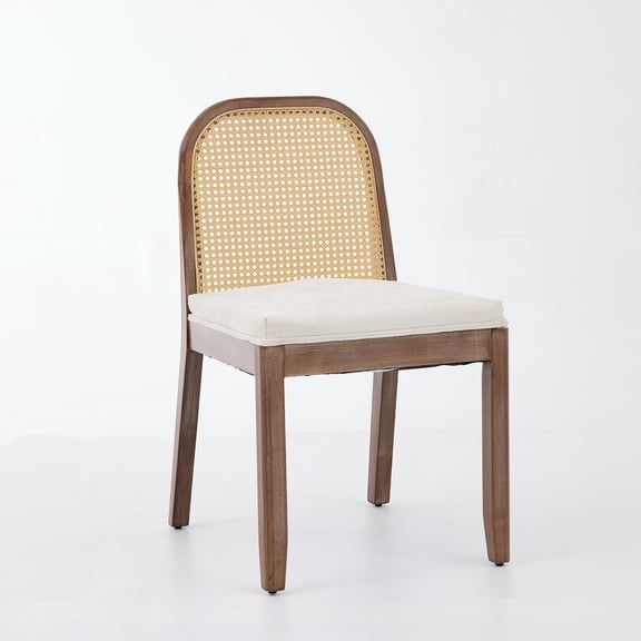 Set of 2 Curved Arched Cane Back Dining Chairs,Mid Century Farmhouse Side Chairs,Distressed Solid Wood Frame,Chenille Cushion with S-Spring and Sponge,Armless Accent Chairs for Kitchen,Beige,SW1899BG