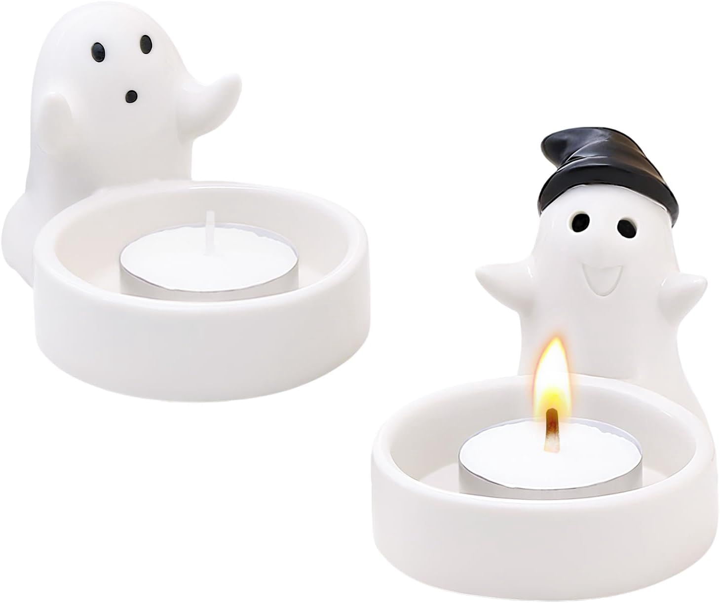 Set of 2 Cute Ghost Tealight Candle Holders, Halloween Decorations Indoor, Small Cartoon Ceramic Taper Tealight Candle Holder for Home Office Party Wedding Holiday Decor Gift, Not Included Candle