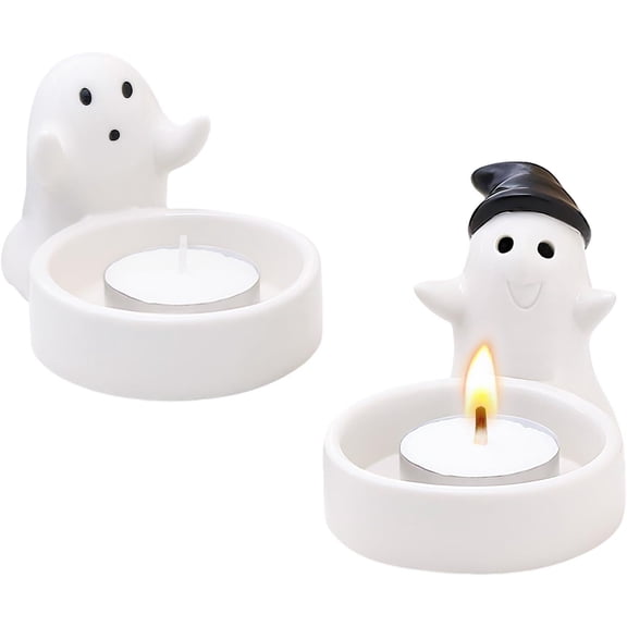 Set of 2 Cute Ghost Tealight Candle Holders, Halloween Decorations Indoor, Small Cartoon Ceramic Taper Tealight Candle Holder for Home Office Party Wedding Holiday Decor Gift, Not Included Candle