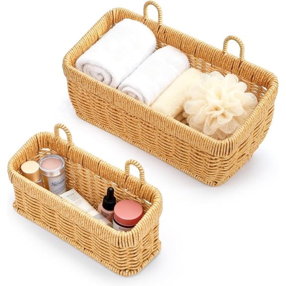 Set of 2 Cute Small Wall Hanging Basket, Hand-Woven Organizer Basket for Onion Garlic, Boho Plastic Fruit Storage Baskets with Hanger Kitchen Bathroom Laundry Living Room Home Decor