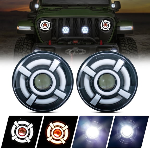 Set of 2 DOT/SAE 7" Inch Round LED Halo Projector Headlights Assembly+H4/H13 Adaptors Amber Turn Signal White High/Low Beam DRL Daytime Running Lights Compatible With 97-18 Wrangler TJ/LJ/JK