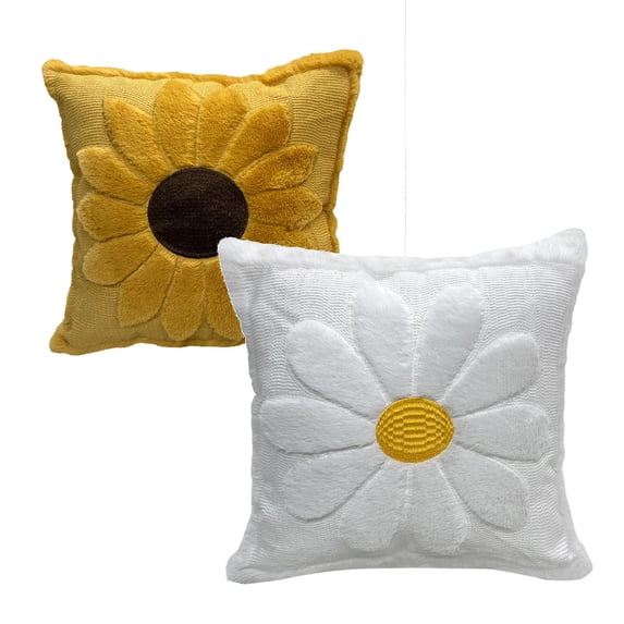 Set of 2 Daisy Flower Pillow Covers 18x18 Embroidered Spring Summer Floral Pillow Covers Room Decor Decorative Cute Faux Fur Soft Flower Farmhouse Decor for Bed Couch Dormitories