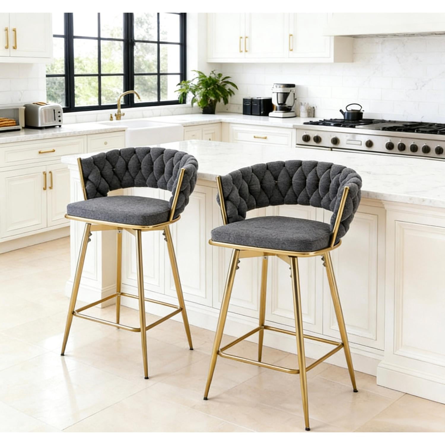 Set of 2 Dark Gray Swivel Bar Stools with Cotton Linen Seat, 360-Degree Rotating Counter Height Barstools with Golden Metal Legs and Non-Slip Foot Ring for Kitchen Pub Dining
