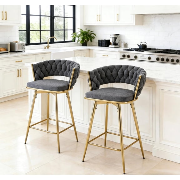 Set of 2 Dark Gray Swivel Bar Stools with Cotton Linen Seat, 360-Degree Rotating Counter Height Barstools with Golden Metal Legs and Non-Slip Foot Ring for Kitchen Pub Dining