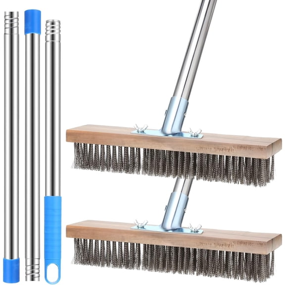 Set of 2 Deck Brush with Handle 5.25 ft Long Pcs Stainless Steel Wire Concrete Stiff Bristle Broom for Cleaning Scrubbing Removing Rough Surface Stain on Pool Garage Patio