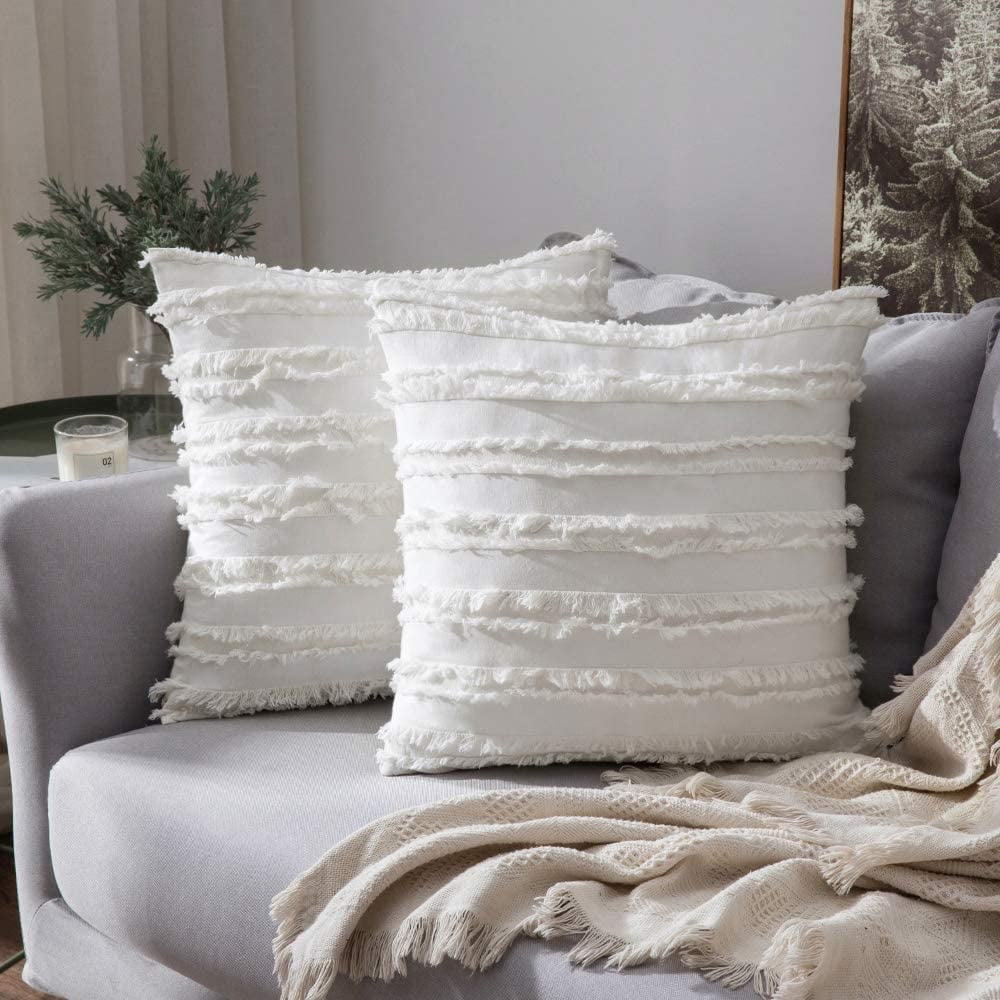 Pillow Covers 24x24 Set of 2 Beige Throw Pillow Covers with Fringe Chic  Cotton Decorative Pillows Square Cushion Covers for Sofa Couch Bed Living  Room Farmhouse Boho Decor