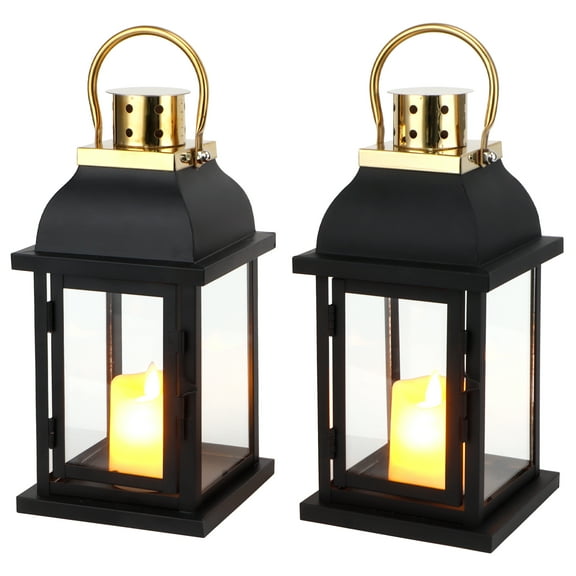 Set of 2 Decorative Candle Lantern 10'' High Black Hanging Candle Holder Matel Vintage Lantern Decor with Tempered Glass for Indoor Outdoor Home Table Patio Wedding