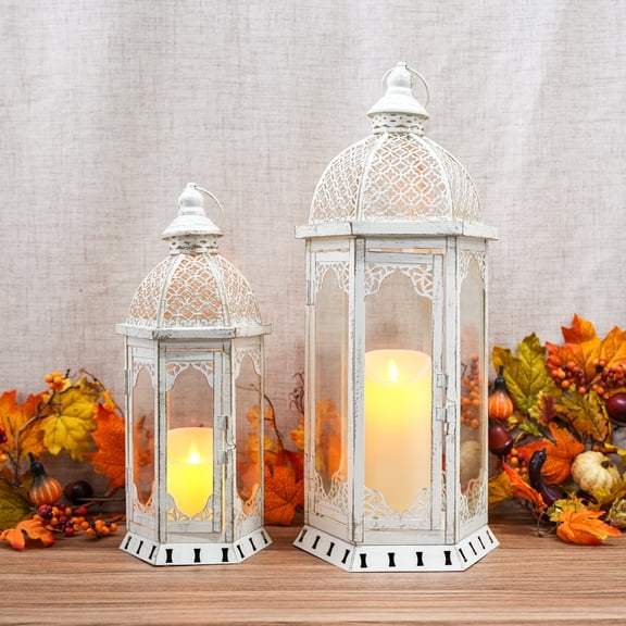 Set of 2 Decorative Candle Lantern 22"&17" H Outdoor Candle Lanterns Vintage Metal Candle Holder for Garden Living Room Indoor Outdoor Parties Weddings Patio Home Decor(White with Gold Brush)