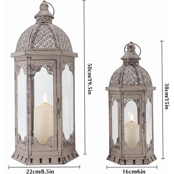 Set of 2 Decorative Candle Lanterns - Vintage Metal Candle Holder for Garden, Indoor, Outdoor, Parties, Weddings, , Home Decor (Grey with Black Brush)