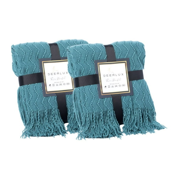 Set of 2 Decorative Chevron Pattern Knit Throw Blanket, 50x60 in, Made with Premium Yarns, Finished with Chic Fringe Details - Blue, Lightweight, Breathable, Easy Care