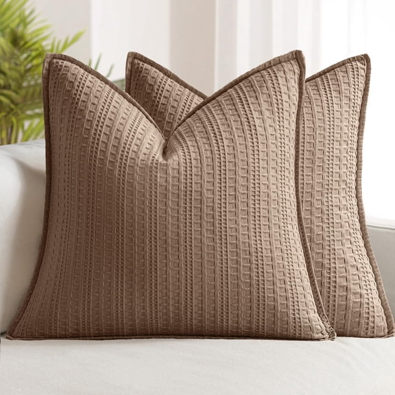 Set Of 2 Decorative Cotton Waffle Euro Sham Pillow Covers 24x24 Neutral Soft Throw Pillows Weave European Cushion Cases For Couch Sofa Bed Modern Farmhouse Home Decor Brown