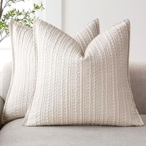 Set of 2 Decorative Cotton Waffle Weave Textured Throw Pillow Covers Euro Sham Cushion Covers Accent European Pillowcase For Bed Couch Sofa Bedroom Living Room Home Decor 18×18 Inch Oatmeal
