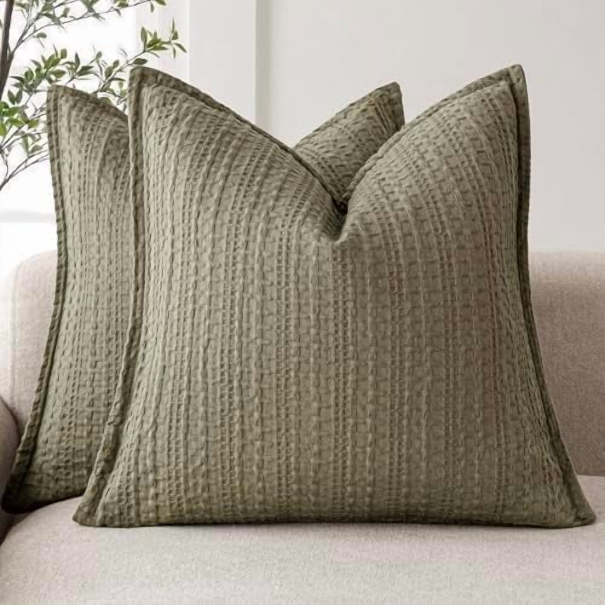 Set of 2 Decorative Cotton Waffle Weave Throw Pillow Covers Euro Shams Cushion Covers Accent European Pillowcase for Bed Couch Sofa Bedroom Living Room Home Decor 24×24 Inch Olive Green