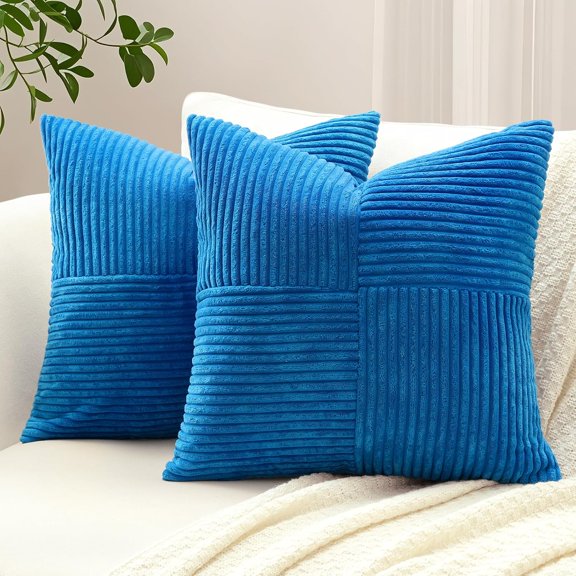 Set of 2 Decorative Cushion Covers 45 x 45cm Soft Corduroy Striped Cross Patchwork Textured Pillow Covers Solid Square Throw Pillow Cases for Sofa Bed Patio 18x18 Inch, Blue