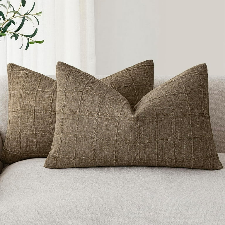 Set of Decorative Linen Check Throw Pillow Covers Neutral