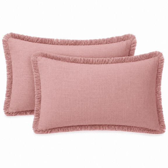 Set of 2 Decorative Linen Fringe Lumbar Throw Pillow Covers Boho Farmhouse Cushion Cover with Tassels Soft Accent Pillowcase for Couch Sofa Bed Living Room Home Decor,20"L x 12"W Inch,Rose Pink