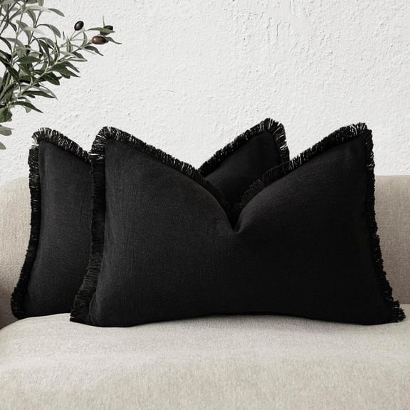 Set of 2 Decorative Linen Fringe Throw Pillow Covers Cozy Boho Farmhouse Cushion Cover with Tassels Soft Accent Pillowcase for Couch Sofa Bed Living Room Home Decor,18×18 Inch,Olive Green