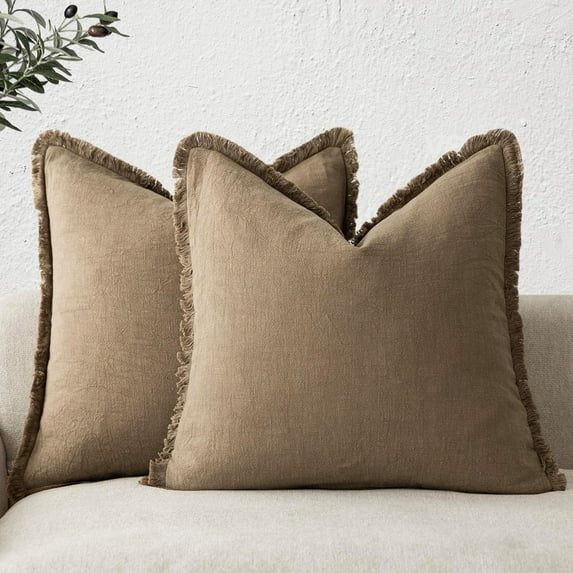 Set of 2 Decorative Linen Fringe Throw Pillow Covers Cozy Boho Farmhouse Cushion Cover with Tassels Soft Accent Pillowcase for Couch Sofa Bed Living Room Home Decor,18×18 Inch,Olive Green