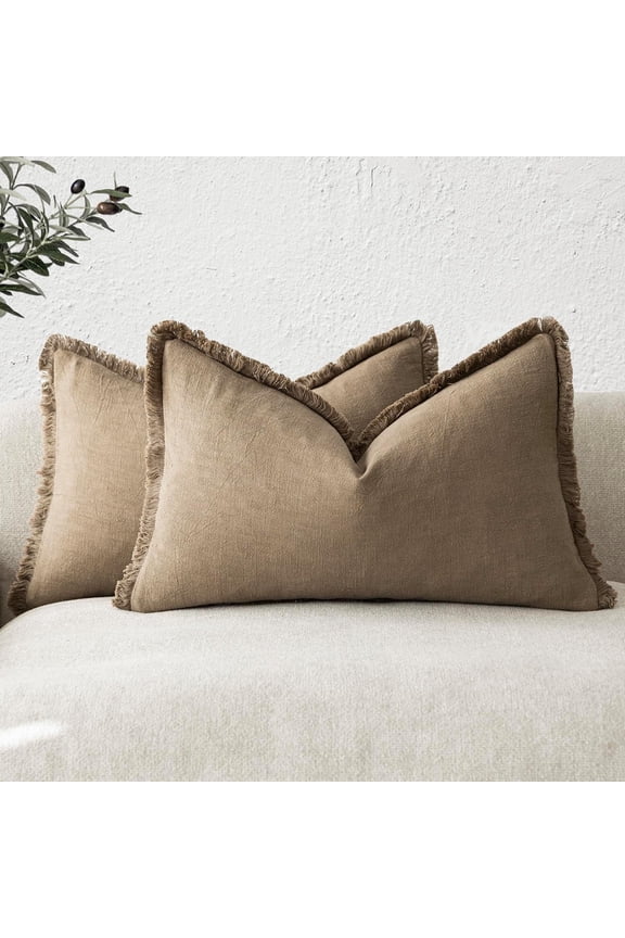Set of 2 Decorative Linen Fringe Throw Pillow Covers Cozy Boho Farmhouse Cushion Cover with Tassels Soft Accent Pillowcase for Couch Sofa Bed Living Room Home Decor,18×18 Inch,Olive Green