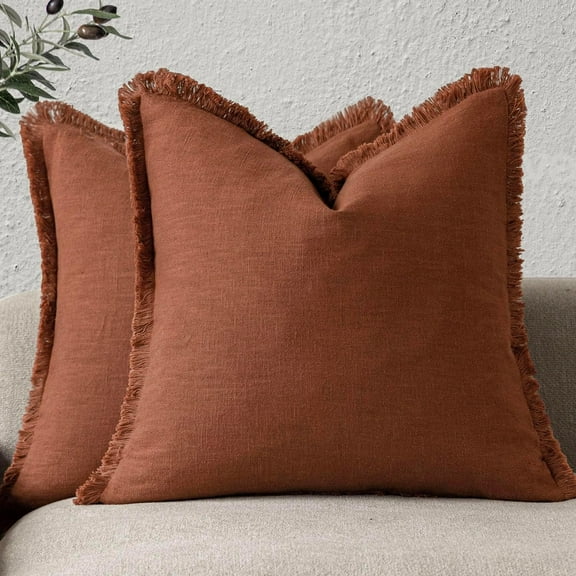 Set of 2 Decorative Linen Fringe Throw Pillow Covers Farmhouse Cushion Cover with Tassels Soft Accent Pillowcase for Couch Chair Sofa Bed Living Room Home Decor,1818 Inch,Fall Rust Orange
