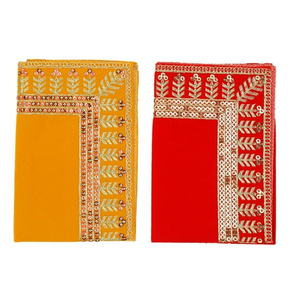 Set of 2 Decorative Mat Aasan Velvet Pooja Decorative Cloth (Size:-15 Inches X 15 Inches) for Multipurpose Indian Traditional Pooja Festival Decorations Item & Pooja Article(Red & Yellow)
