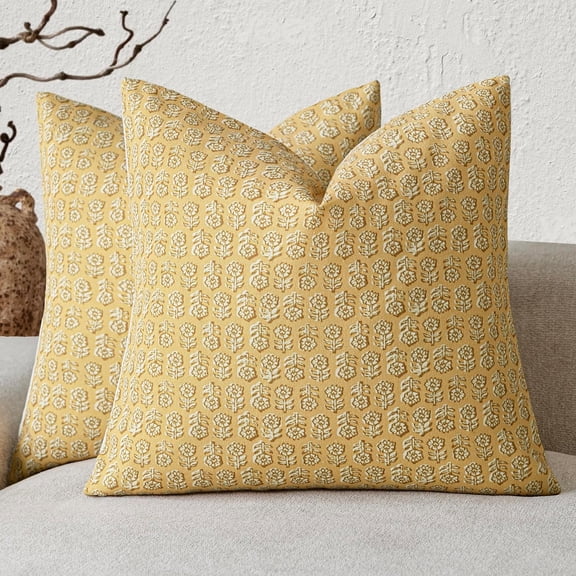 Set of 2 Decorative Neutral Floral Print Throw Pillow Covers Vintage Accent Farmhouse Cushion Covers Boho Home Decor For Sofa Couch Chair Bedroom Living Room Outdoor,20×20 Inch,Light Yellow