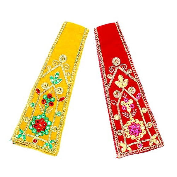 Set of 2 Decorative Puja Cloth Pooja Chunar Dupatta (Size :- 18 Inches x 3 Inches) Pooja Items Articles for Decoration for Statue Frame Idol Temple, Velvet ( Yellow + Red)