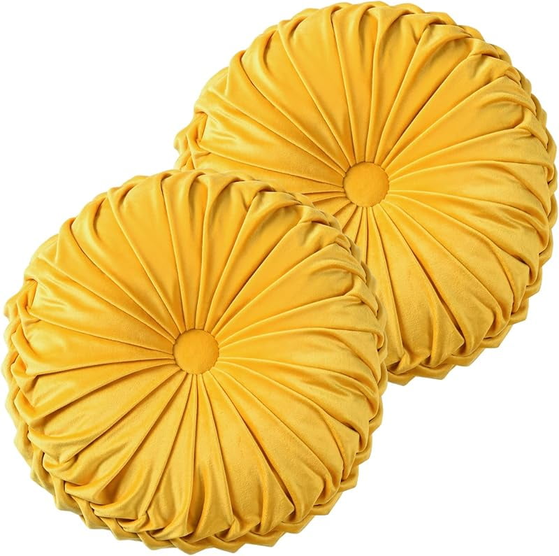 Set of 2 Yellow Velvet Round Pleated Throw Pillows