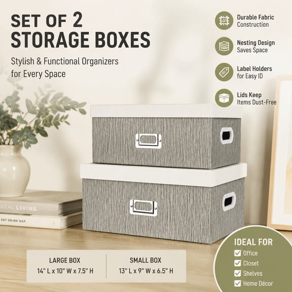 Set of 2 Decorative Storage Boxes with Lids – Gray & White Nesting Organizer Bins, 14'' + 13'' Rectangular Fabric Covered Boxes for Closet, Office, Home Storage