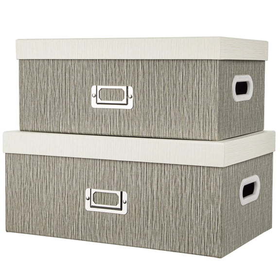 Set Of 2 Decorative Storage Boxes With Lids - Gray & White Nesting Organizer Bins  14'' + 13'' Rectangular Fabric Covered Cardboard For Office Closet Or Home Decor