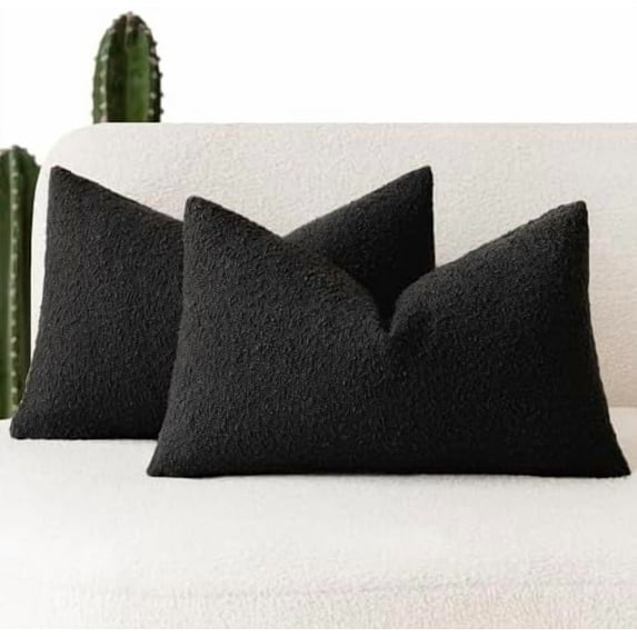 Set of 2, Decorative Textured Boucle Throw Pillow Covers Accent Solid Lumbar Pillow Cases Cozy Couch Cushion Case for Chair Sofa Bedroom Living Room Home Decor 12 x 20 Inch Black
