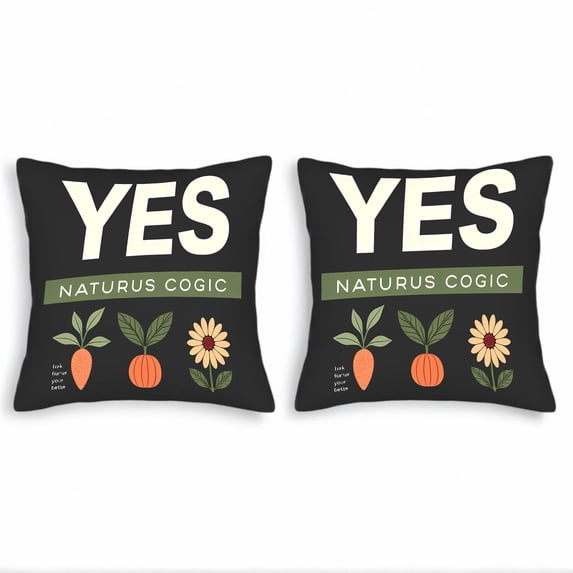 Set of 2 Decorative Throw Pillow Covers 18x18in - Black Background with Bold ' YES ' Text Green ' NATURUS COGIC ' Banner and Colorful Carrot Pumpkin and Flower Illustrations